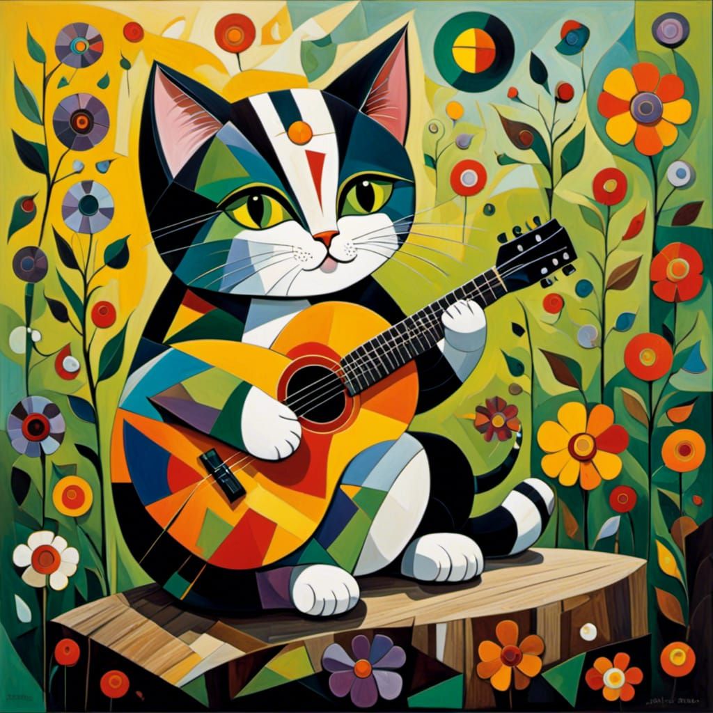 Whimsical Cubist Kitten Plays Guitar on a Log