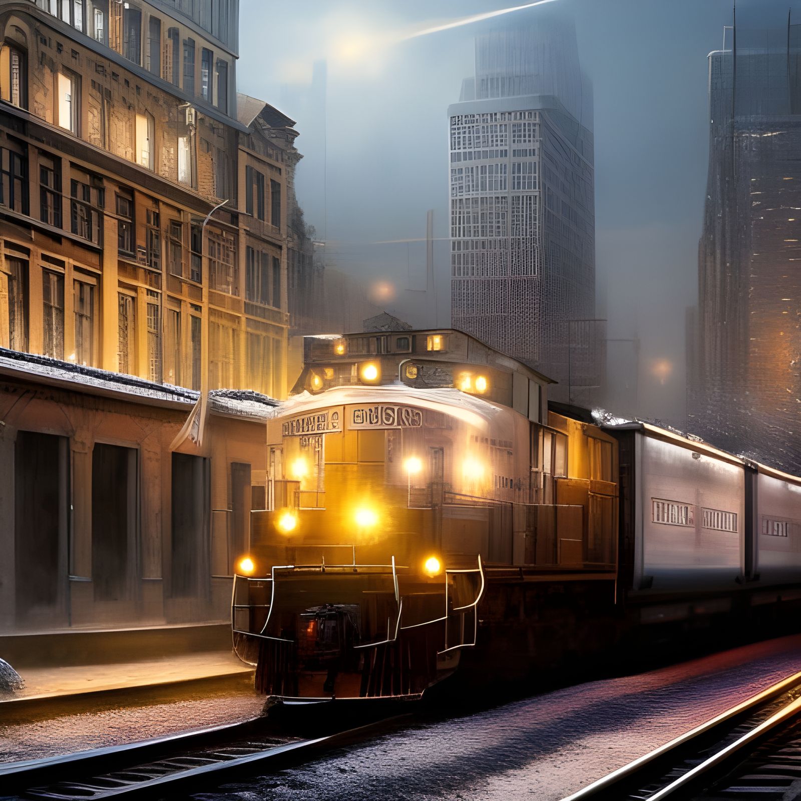 Ethereal Cityscape at Sunset with Snowy Train Tracks