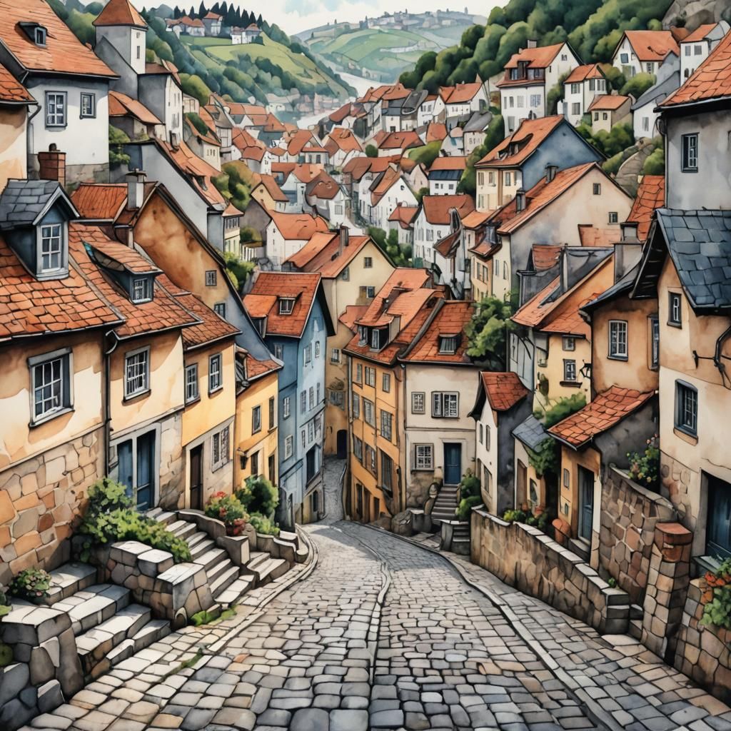Charming Watercolor Cobblestone Street Scene