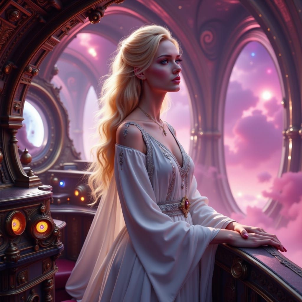 Blonde Queen on Spaceship Bridge in Nebula