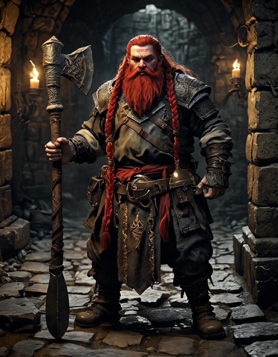 Dwarf Warrior in Dimly Lit Mine