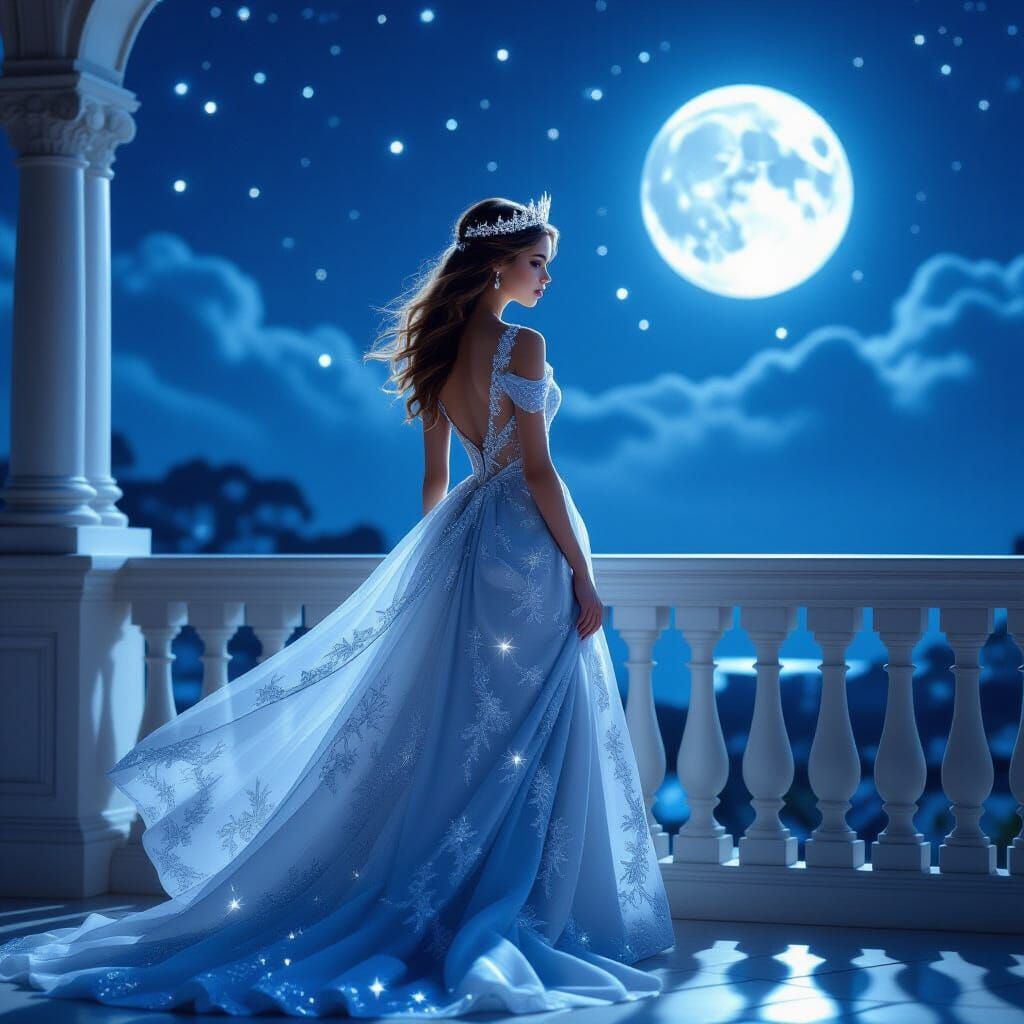 Moonlit Princess in Silver Gown, Dreamlike Digital Art