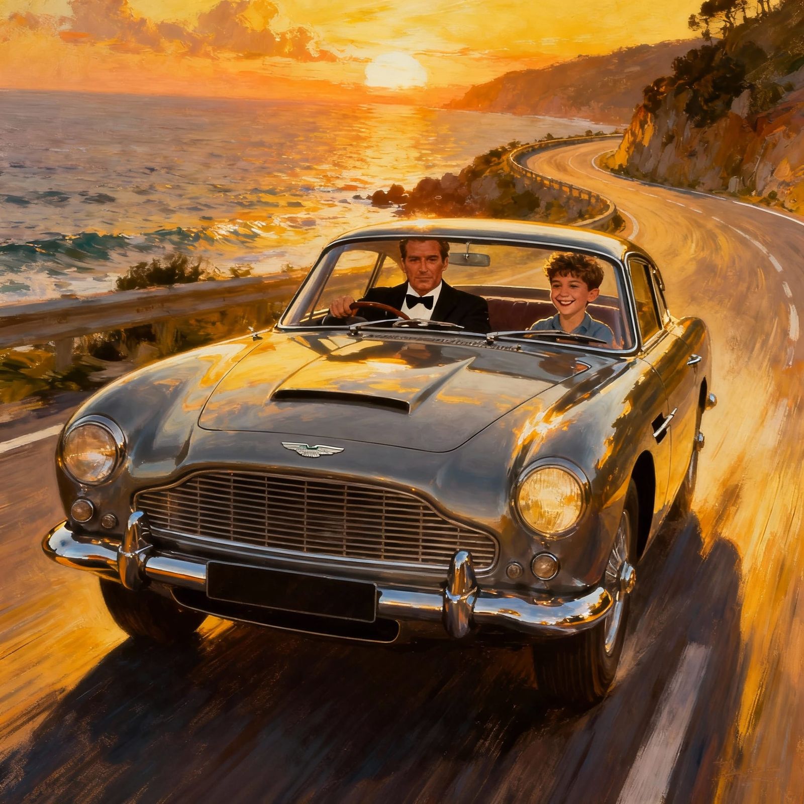 James Bond Drives Aston Martin with Smiling Boy Jindra
