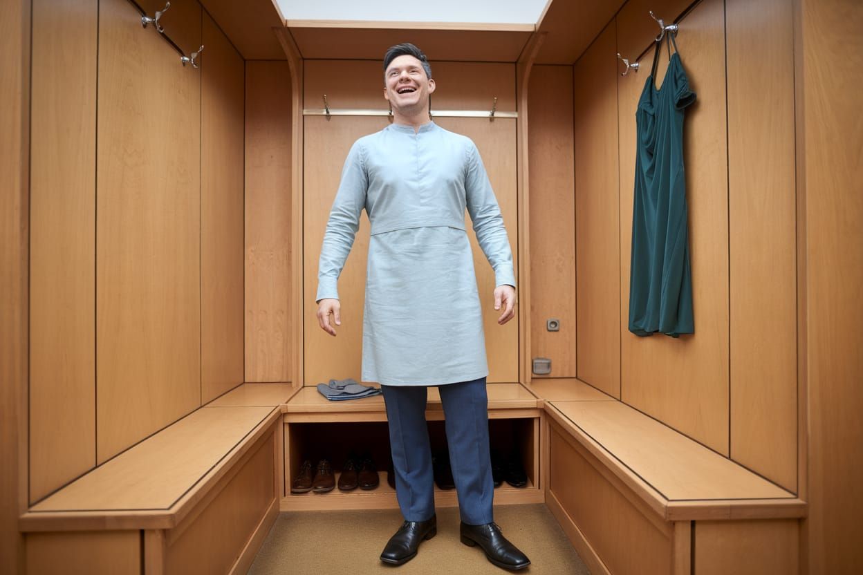 Man in a Fitting Room Laughs in Bright Colors