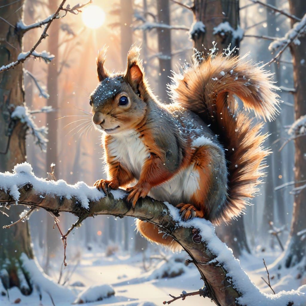 Squirrel on Snowy Branch: Watercolor Winter Sunrise