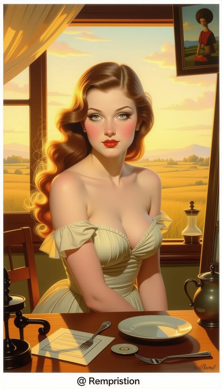 Surrealist Painting of a Coy Woman in Golden Hour Light