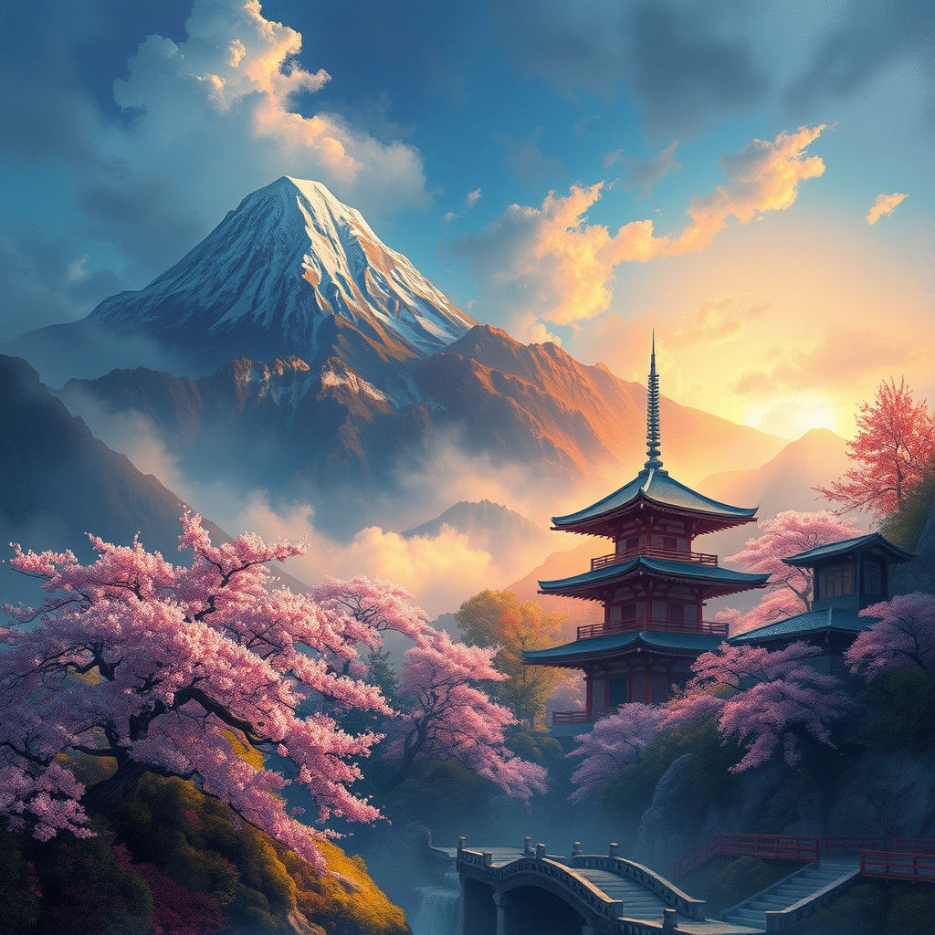 Whimsical Japanese Mountainscape in Vibrant Brushstrokes