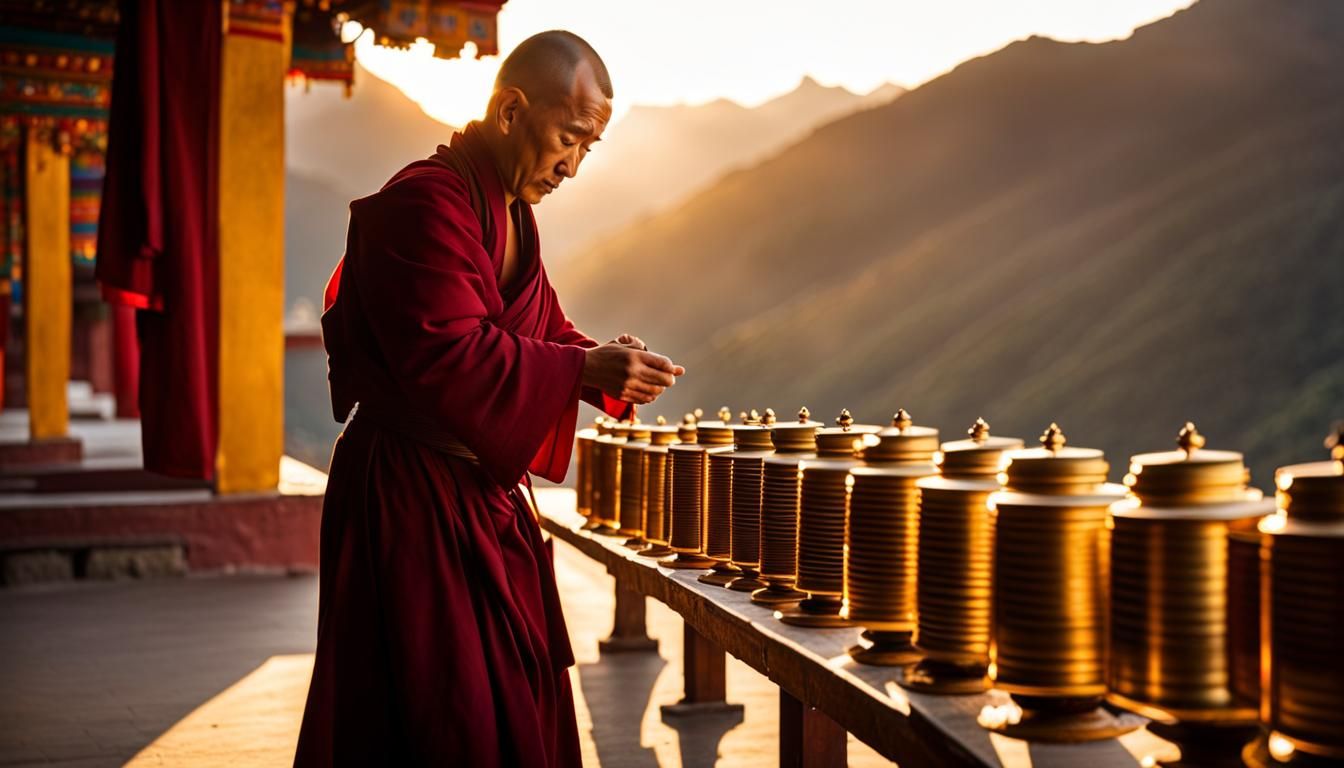 Tibetan Monk Spins Prayer Wheels Amidst Majestic Mountain Mo...