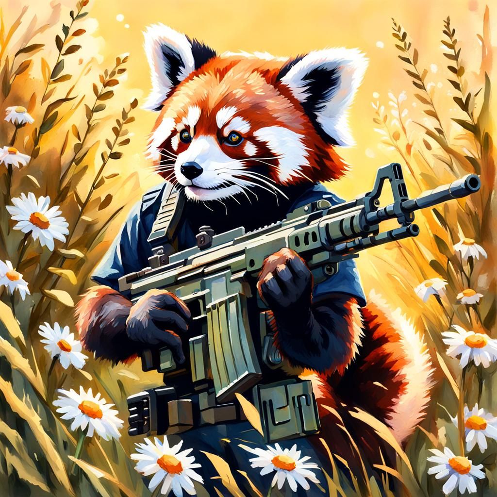 Adorable Red Panda Holds Massive Machinegun in Vibrant Garde...