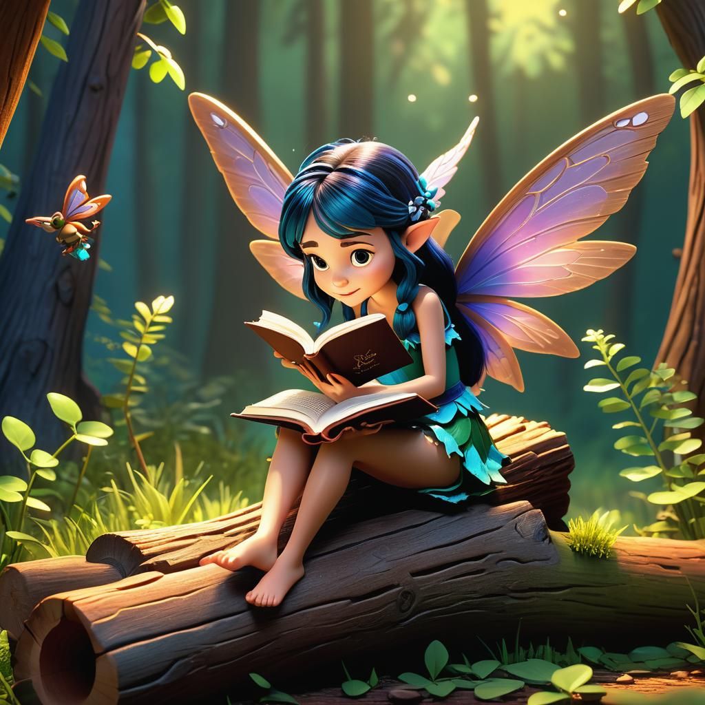 Fairy in Whimsical Reading Scene, Rendered in 3D Digital Art
