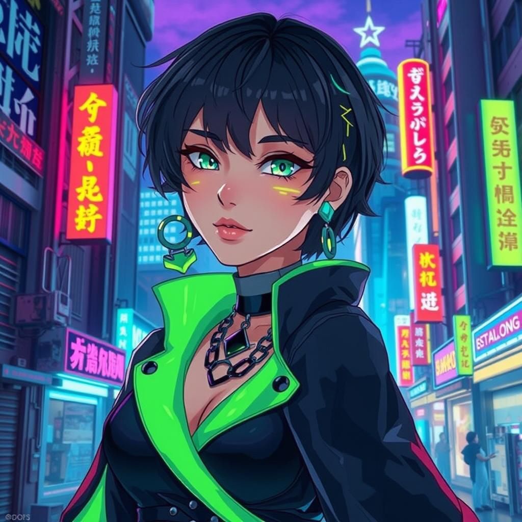 Cyberpunk Woman in Neon Jumpsuit: 3D Anime Style