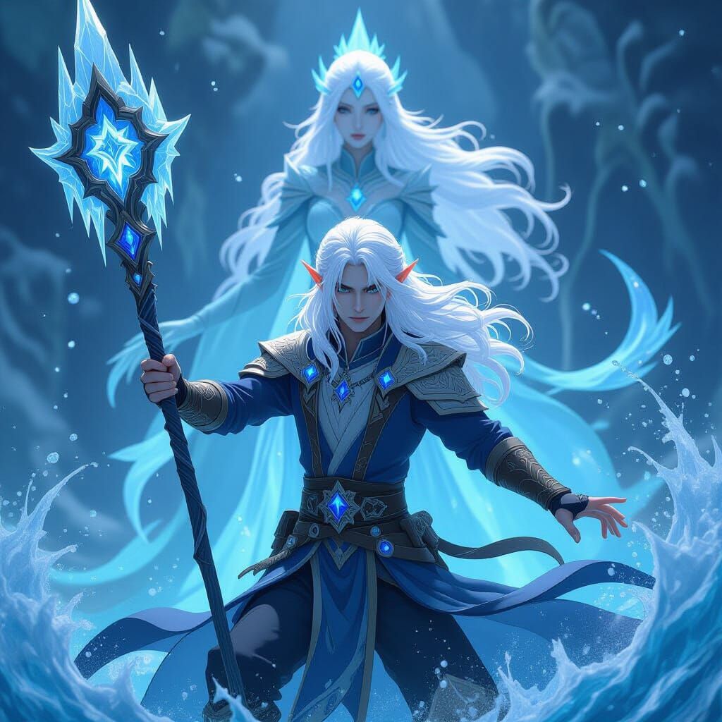 Elf Mage Battles Demons with Ice Staff