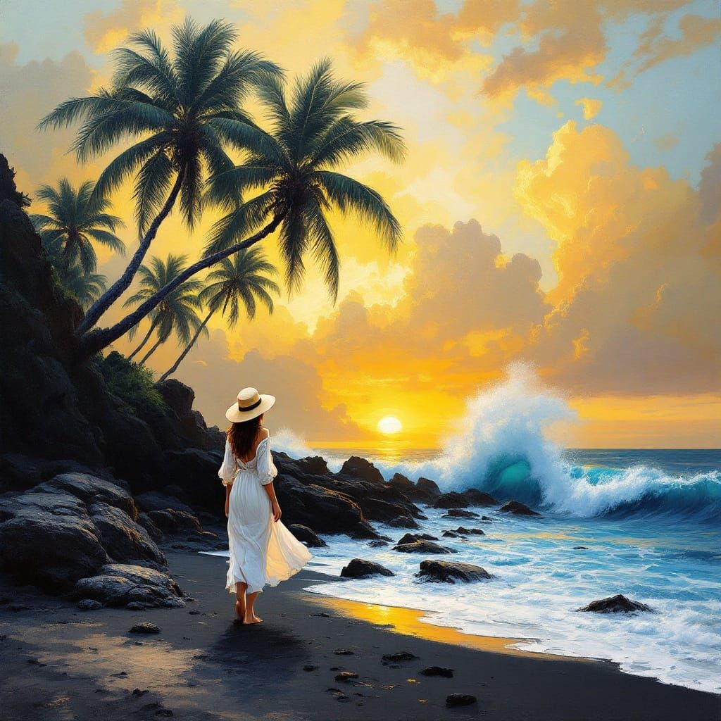 Golden Hour Goddess on Tropical Beach in Impasto Style