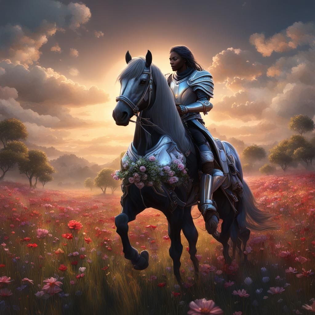 Fantastical Knight on Horseback in a Radiant Meadow