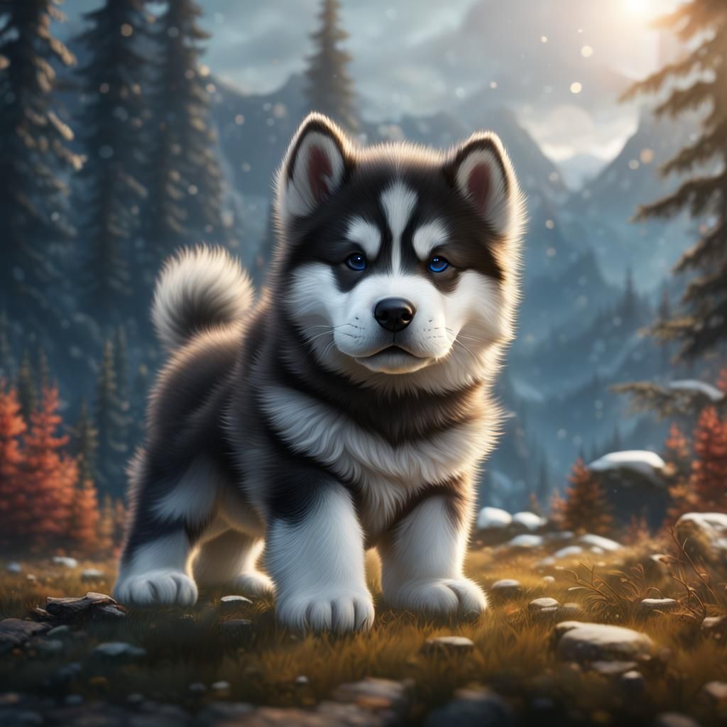 Fantastical Alaskan Malamute Puppy in Vibrant Matte Painting