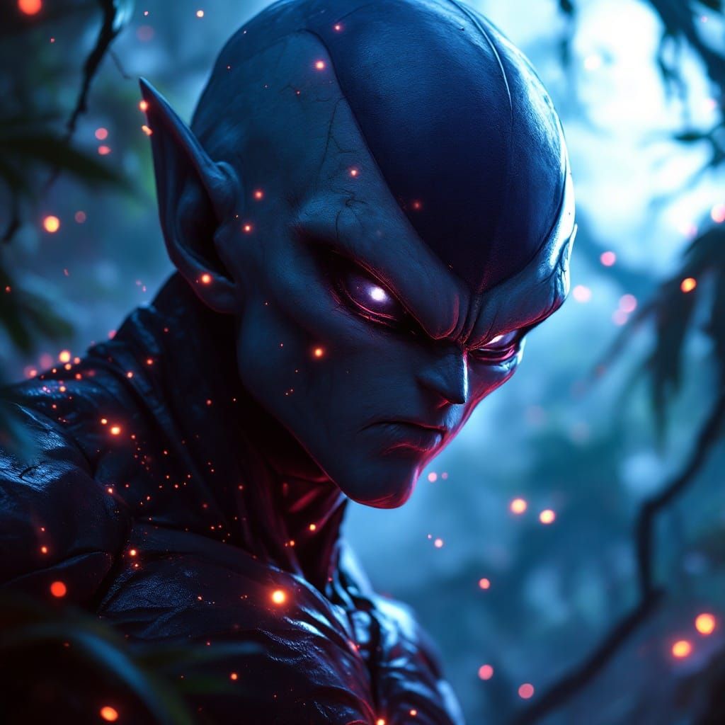 Frieza's Menacing Form Illuminated by Black Energy Orbs in a...