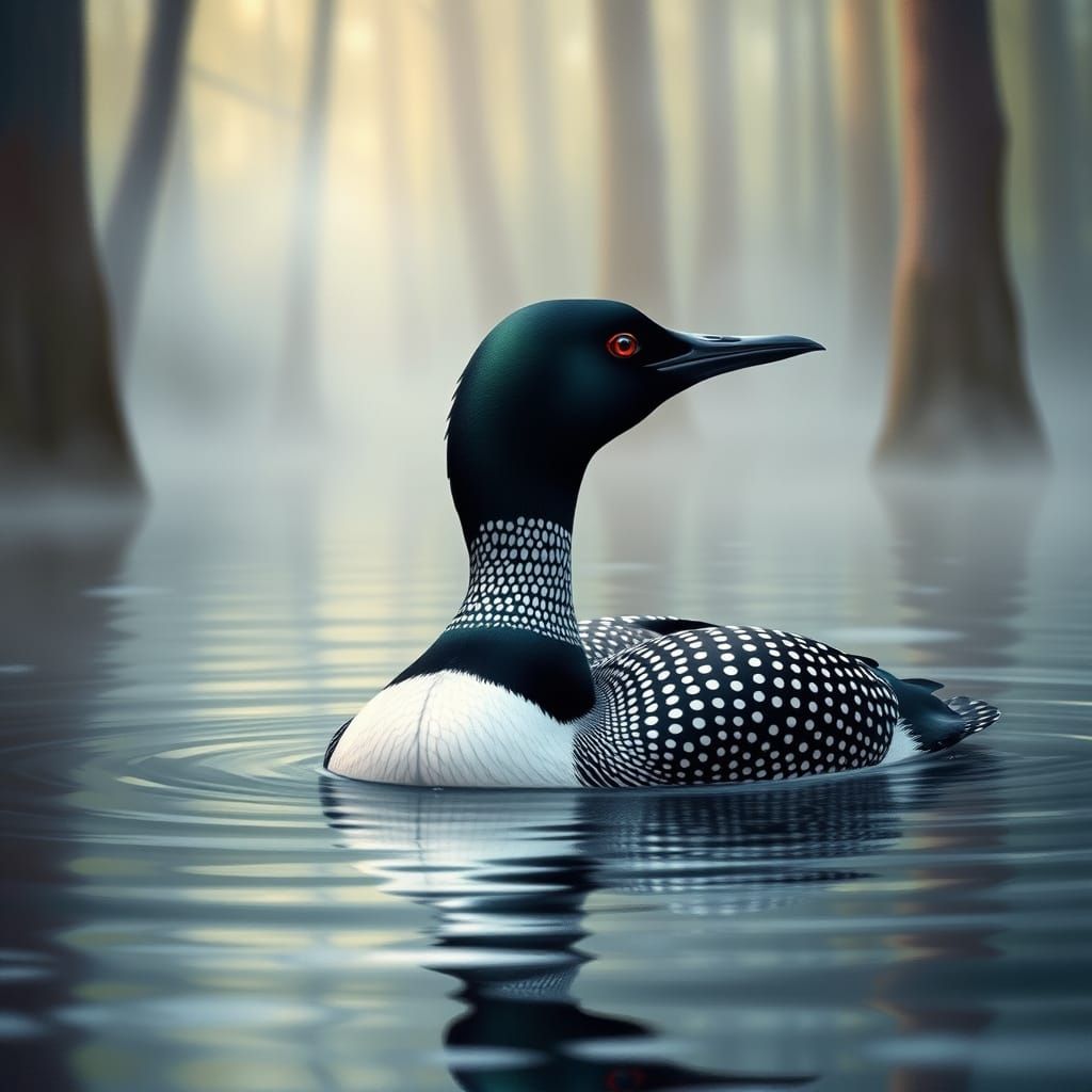 Minnesota Loon in Misty Forest, Wildlife Illustration
