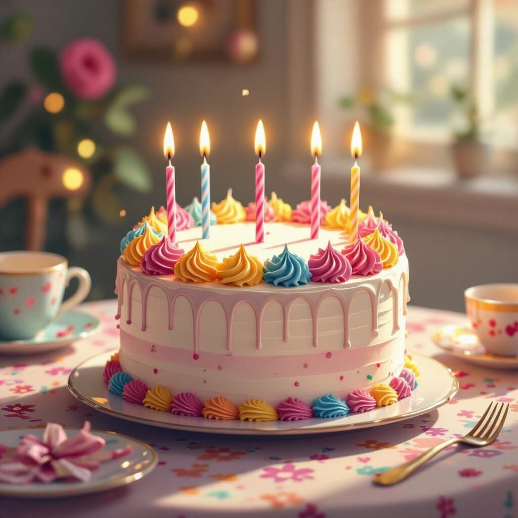 Joyful Birthday Cake with Candles in Whimsical Illustration ...