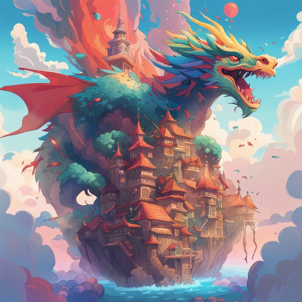 Ethereal Dragon Rider Soars Over Cloud City in Vibrant, Hype...