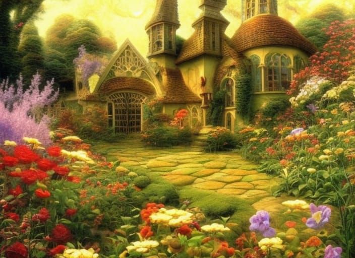 A Dreamy Garden Scene in Whimsical Gothic Style