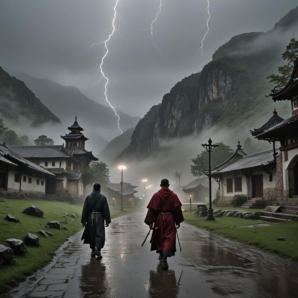 Monastic Pilgrim Seeks Enlightenment Amidst Stormy Night