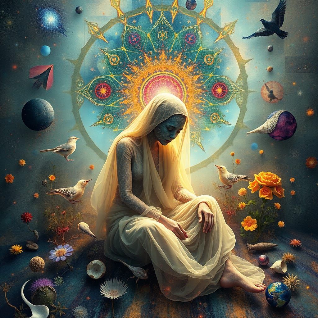 Cosmic Figure in Dreamlike Aura, Blending Surrealism and Mys...
