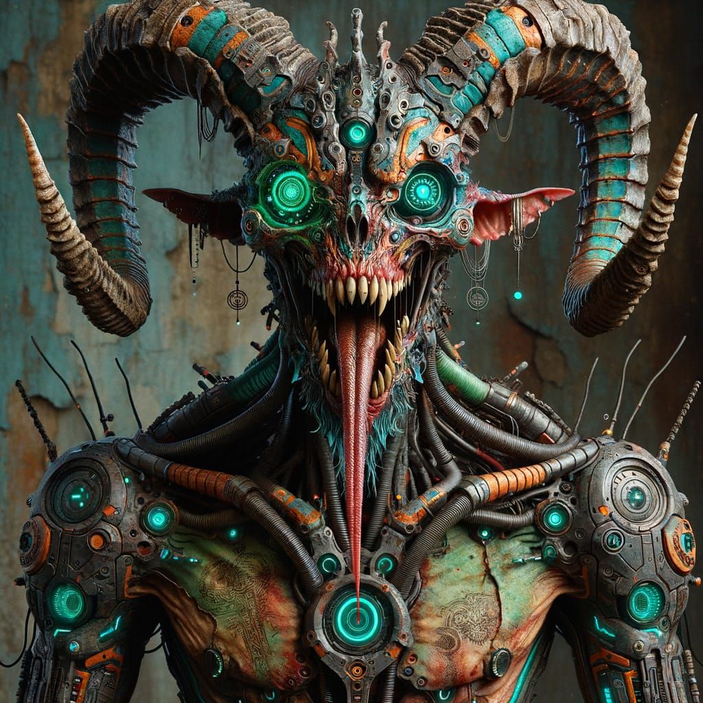 Cyberpunk Demon Figure with Mecha Parts and Circuitry