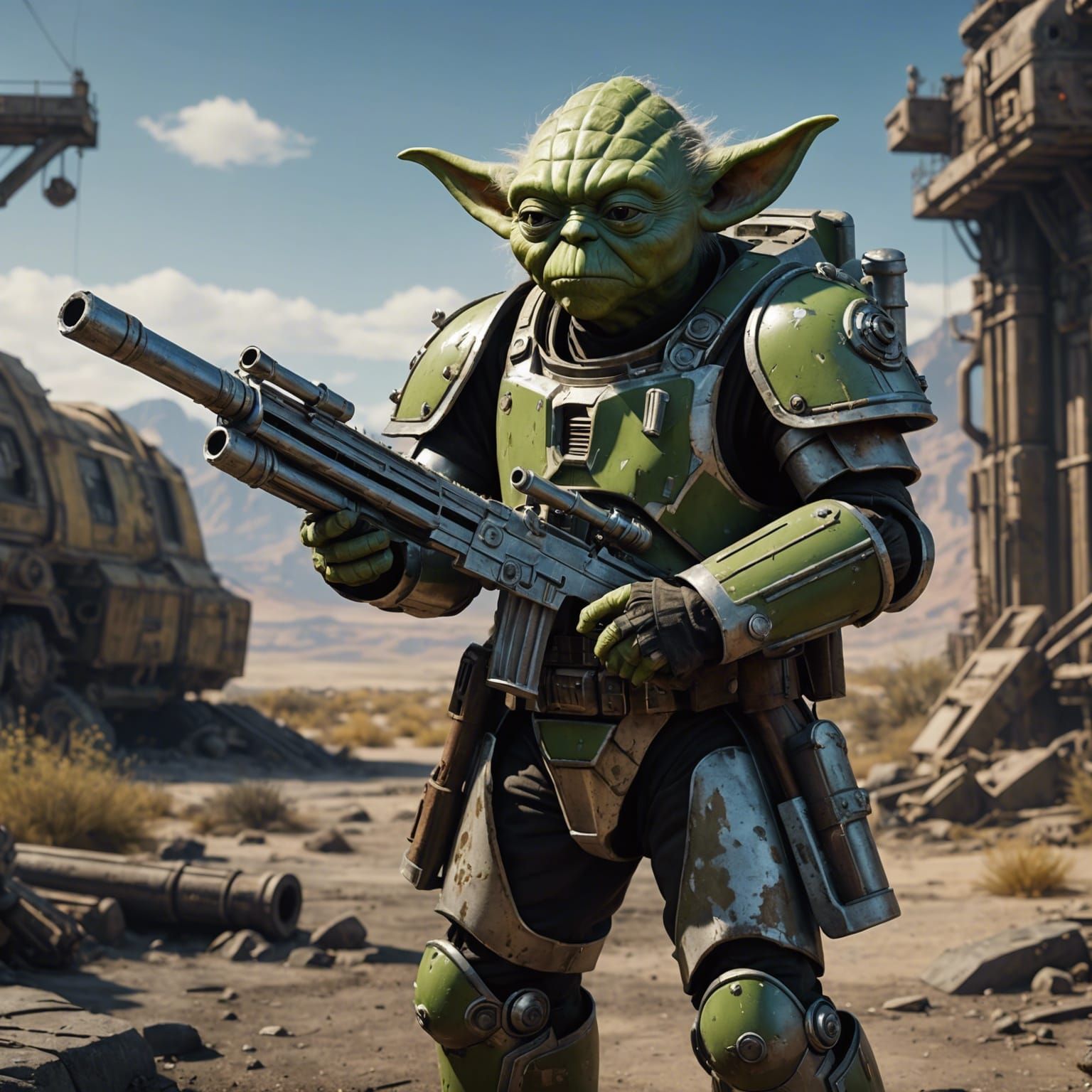 Yoda in Fallout Power Armor: A Fantastical Surreal Scene