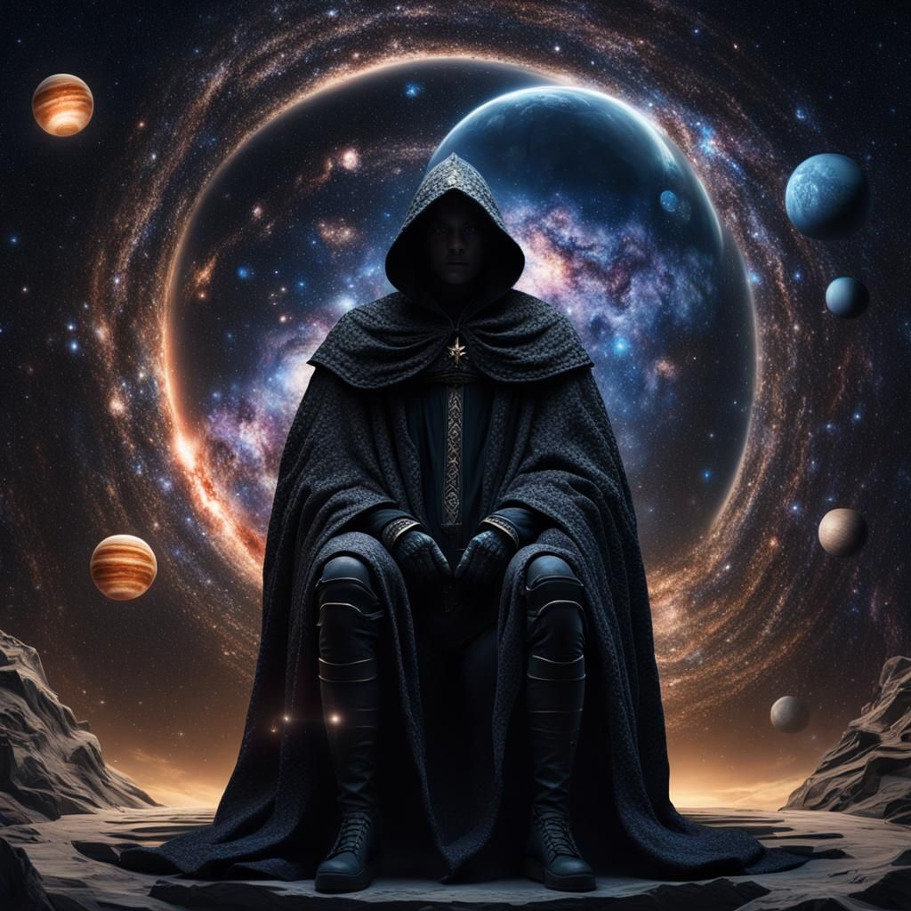 Ethereal Figure in Starlight Cloak Sits Majestically Amidst...