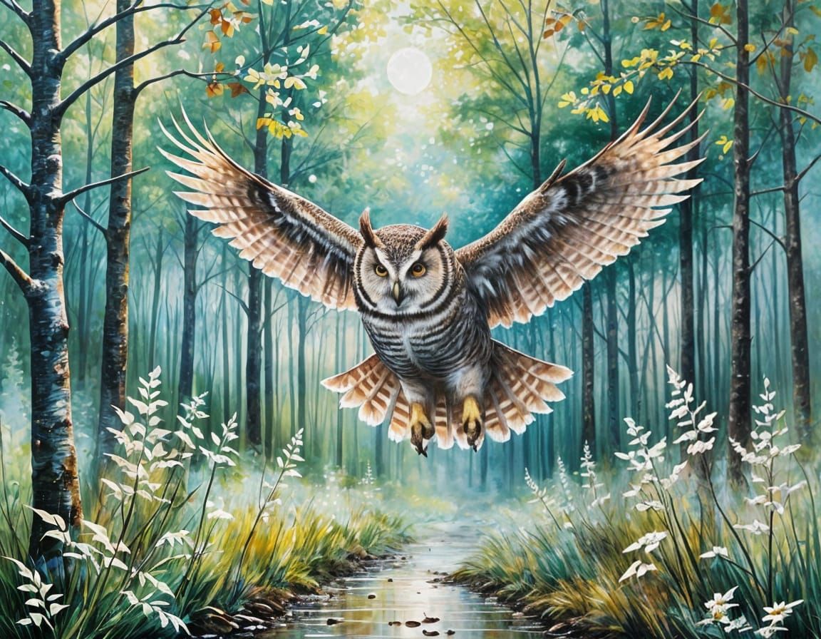 Owl in Encaustic Woodland Scene