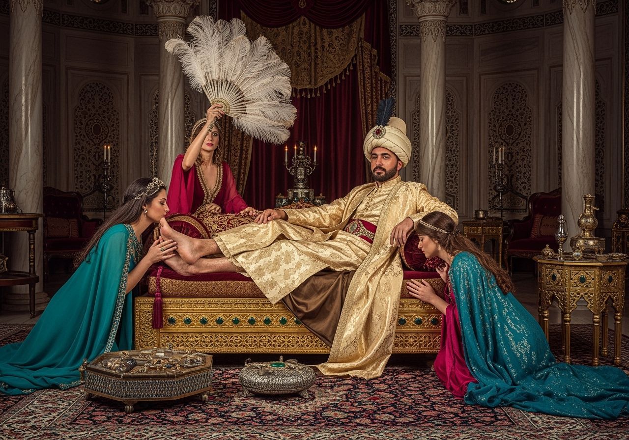 Ottoman Sultan in Opulent Harem Throne Room