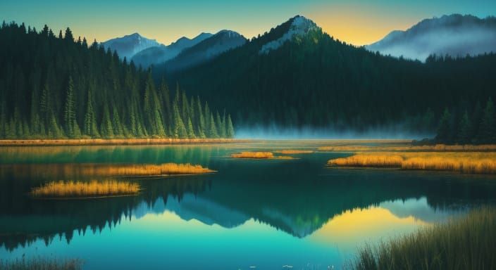 Mountain Lake Sunrise in Alcohol Ink Style