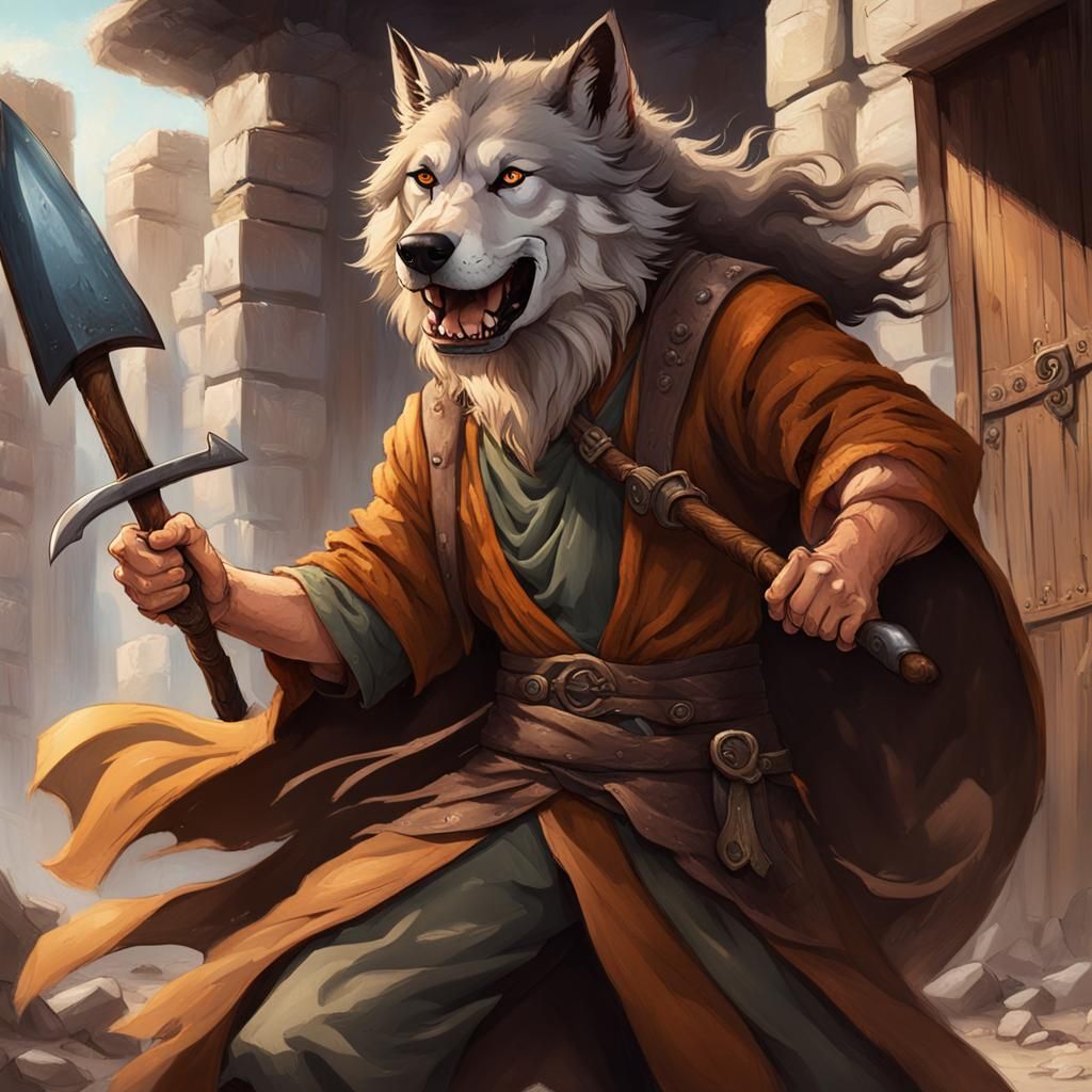 Wild Hippie Warrior in Brown Robes with Wolf-like Ears and C...