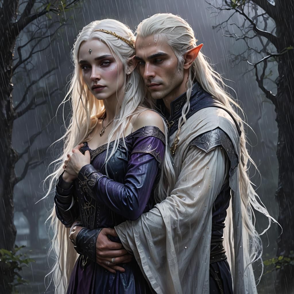 Romantic Gothic Elf Embraces Human Love in Mystical Rainy Ni...