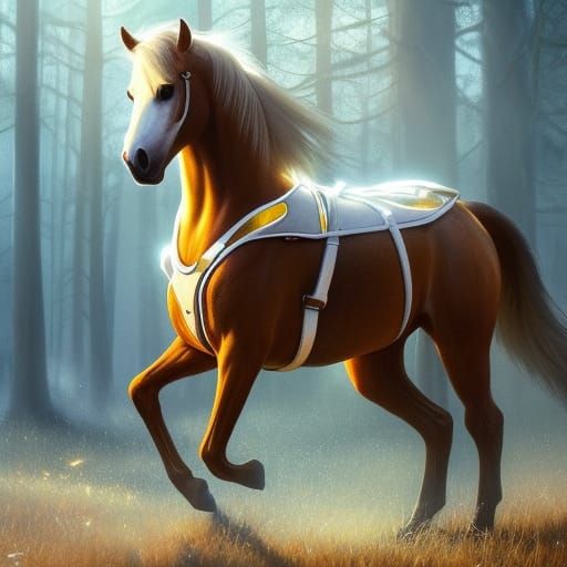 Glowing Equine Majesty in a Radiant Gold Forest