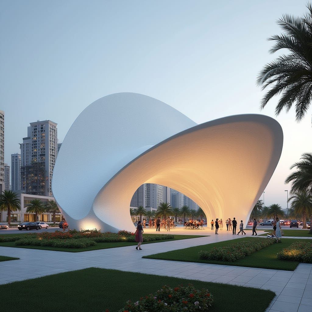 Futuristic Shell Roof Overlooking Dubai Skyline