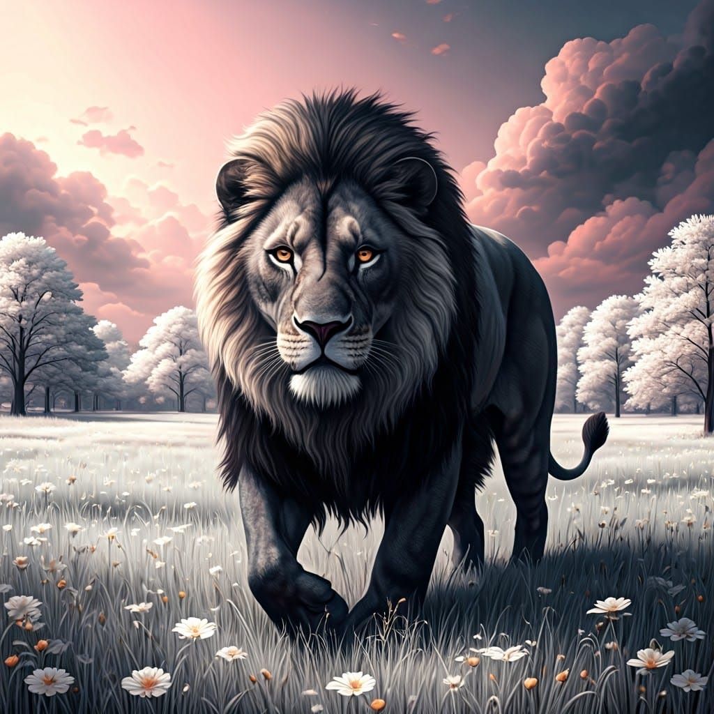 Black Lion in White Meadow, Hyper-Realistic Sci-Fi Art