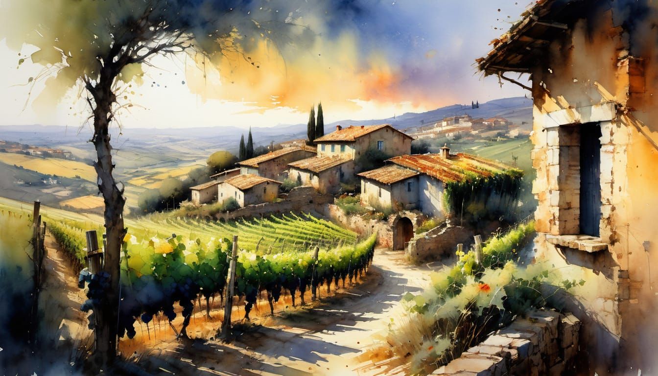 Italian Vineyard Countryside Watercolor Masterpiece
