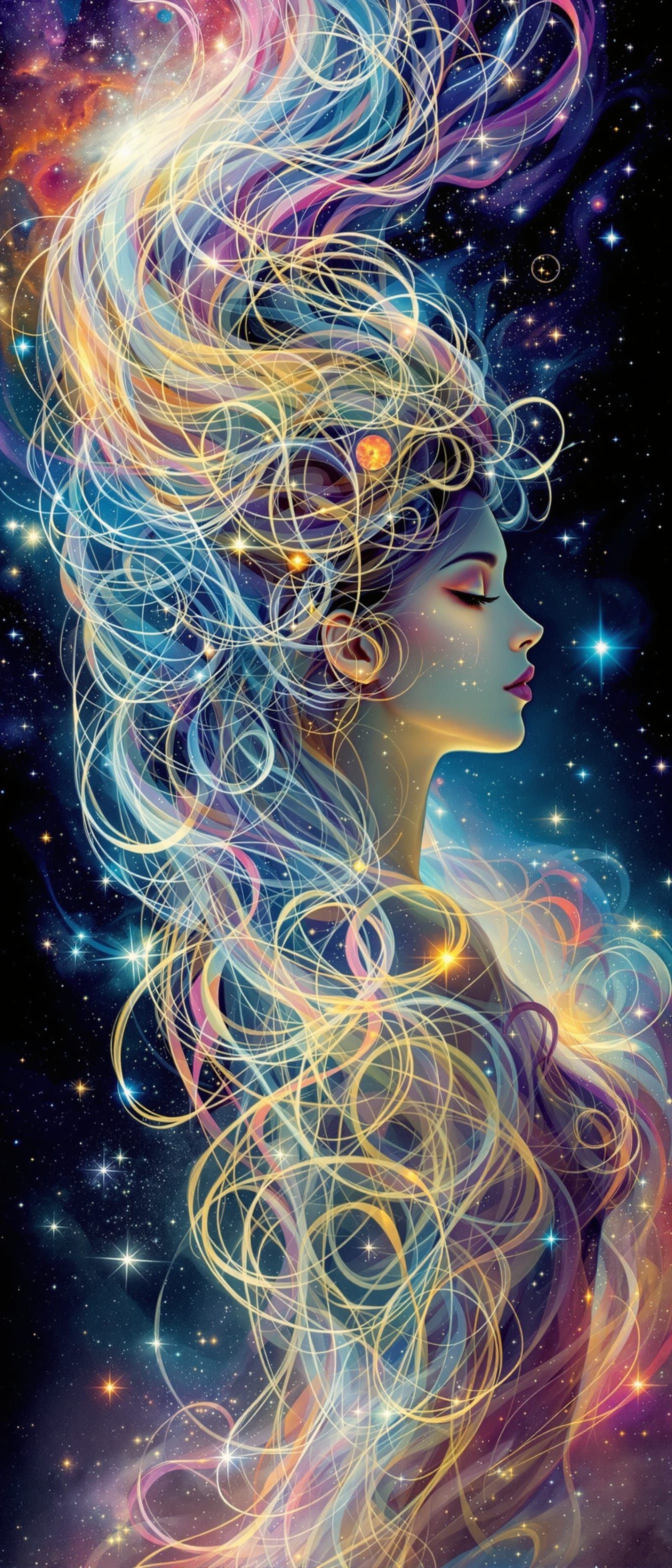 Ethereal Woman With Hair Like Light Amidst Cosmic Nebulae