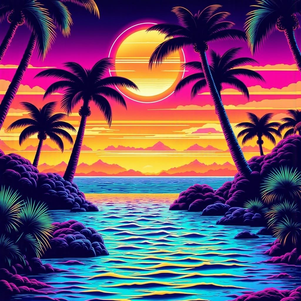 Neon Futuristic Woodcut Miami Nightscape