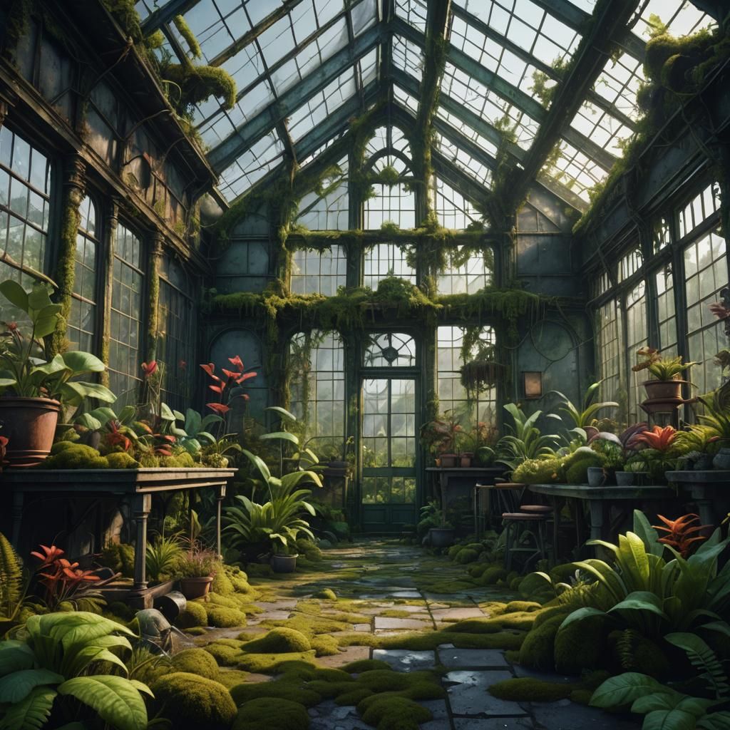 Abandoned Greenhouse Plants and Moss in Detailed Matte Paint...