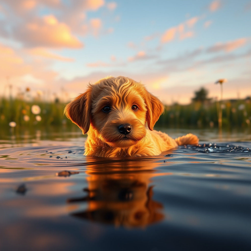 Whimsical Golden Doodle in a Lush Meadow Landscape