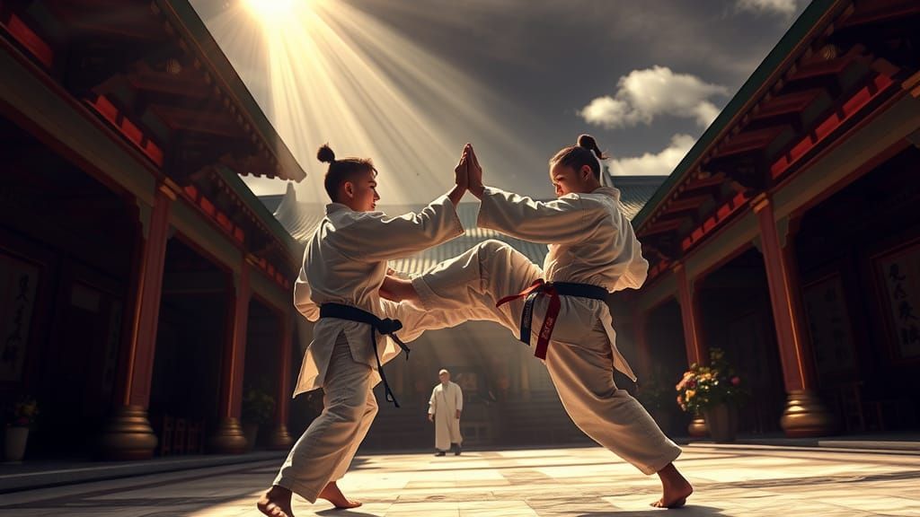 Sweeping Judoka Moment in Heavenly Buddhist Temple