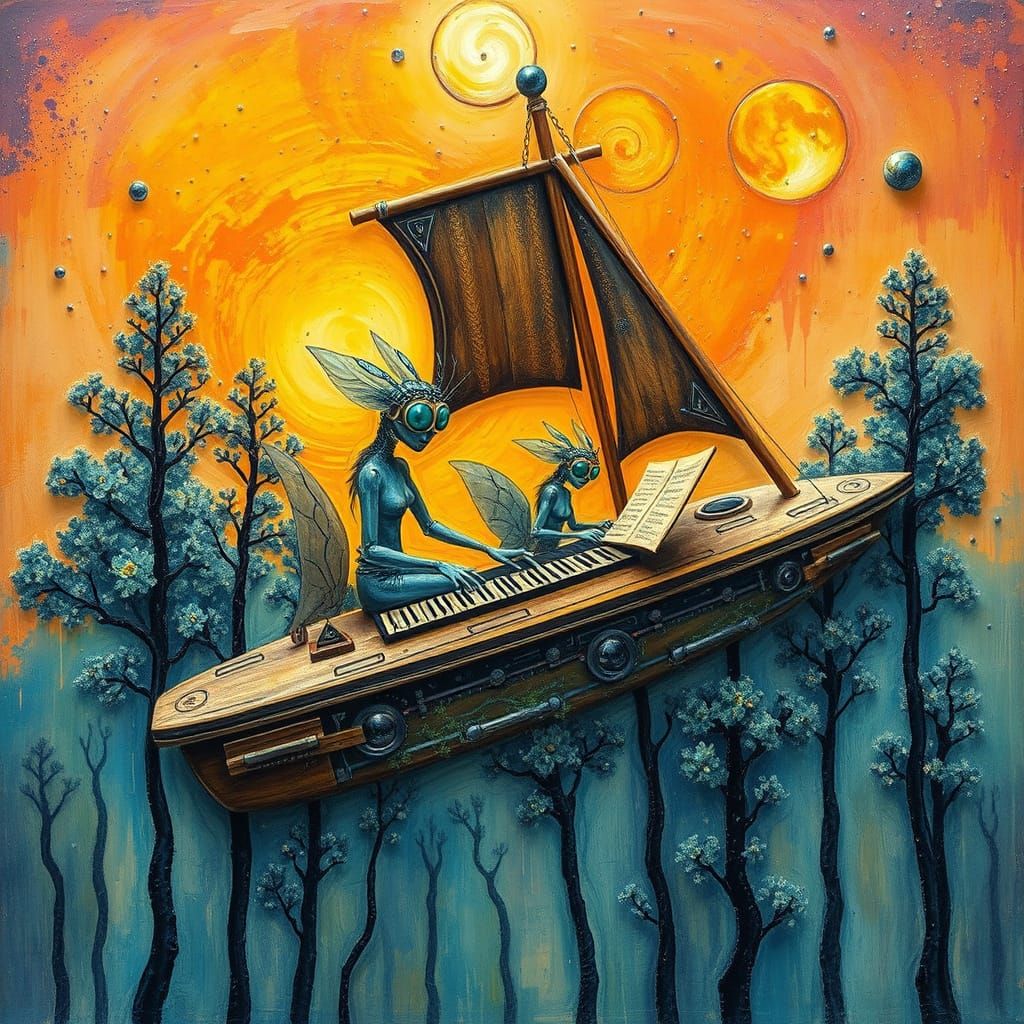 Sustainable Spaceship Sails Through Vibrant Sunset Galaxy