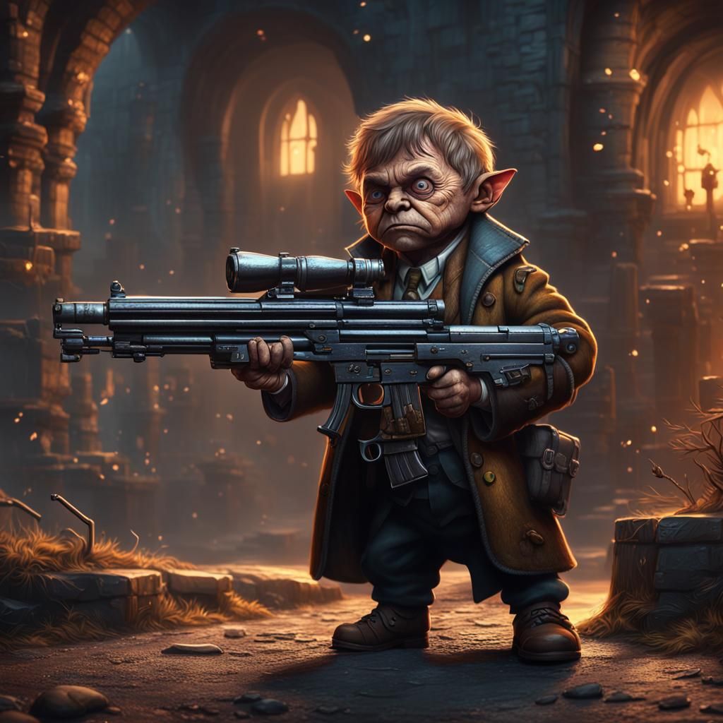 Surreal Halfling Mob Boss Wields Cyborg Machine Gun