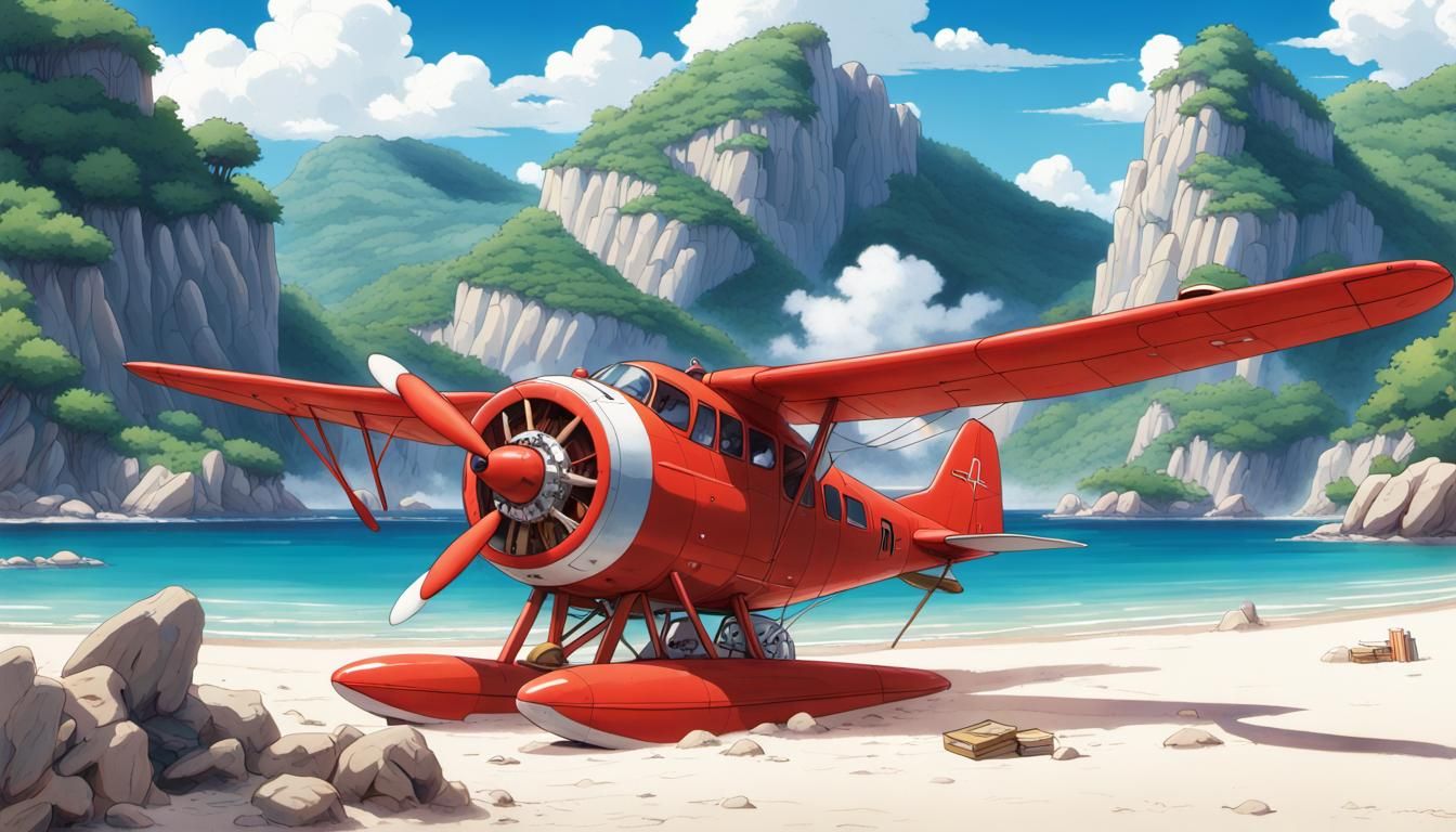 Epic Digital Painting of Isolated Beach with Red Seaplane an...