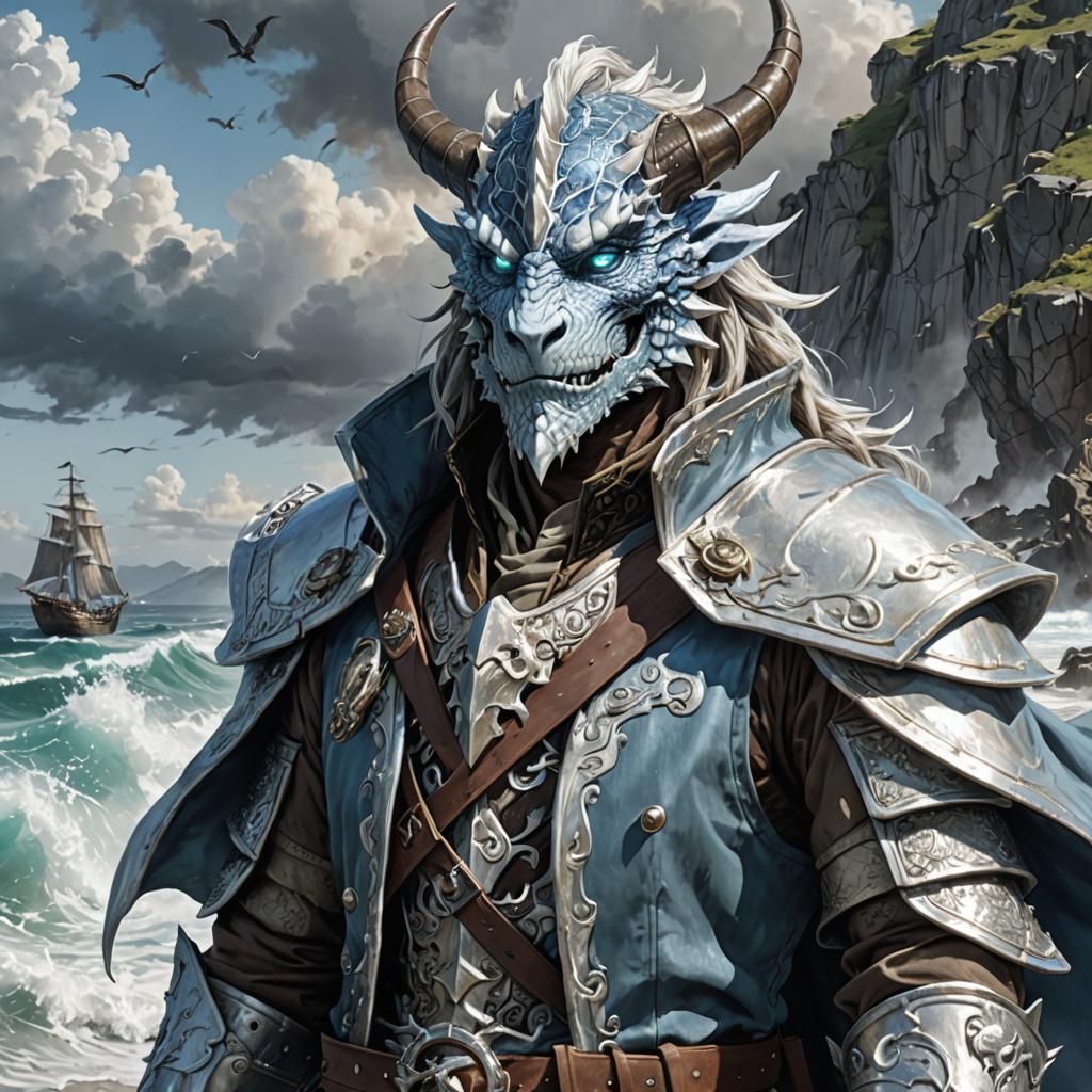 Majestic Silver Dragonborn in Anime Style