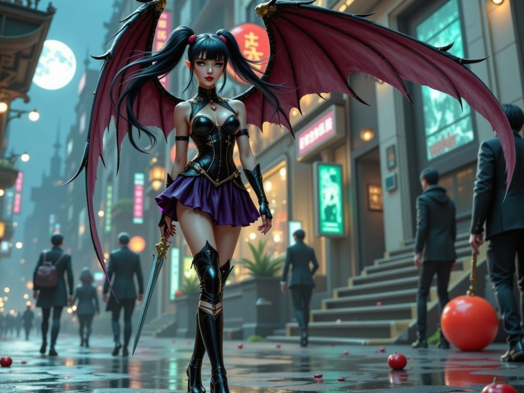 Goth Elf Adventurer in Fantasy-Industrial City