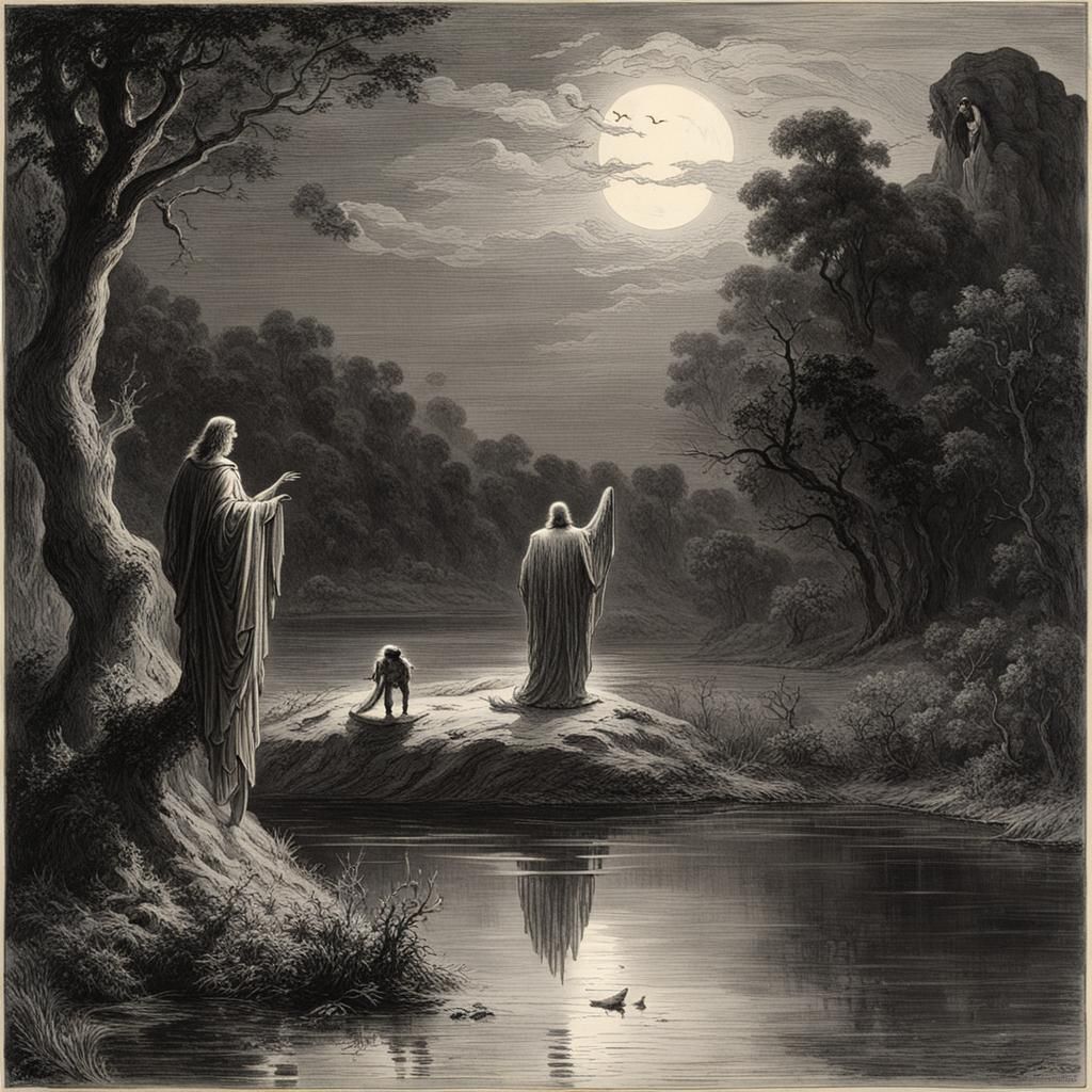 Angel Contemplates a Demon in a Dark Pond