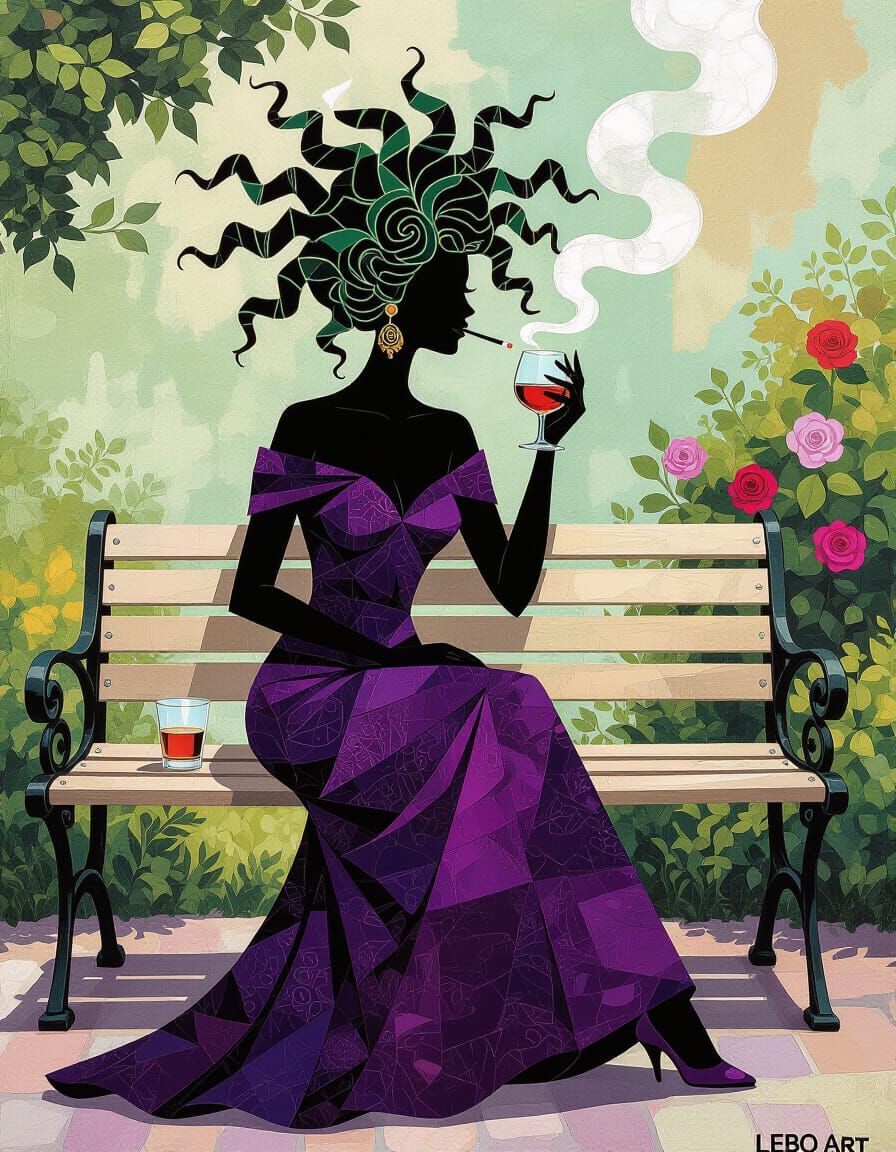 Medusa Silhouette Enjoys Cognac on Garden Bench